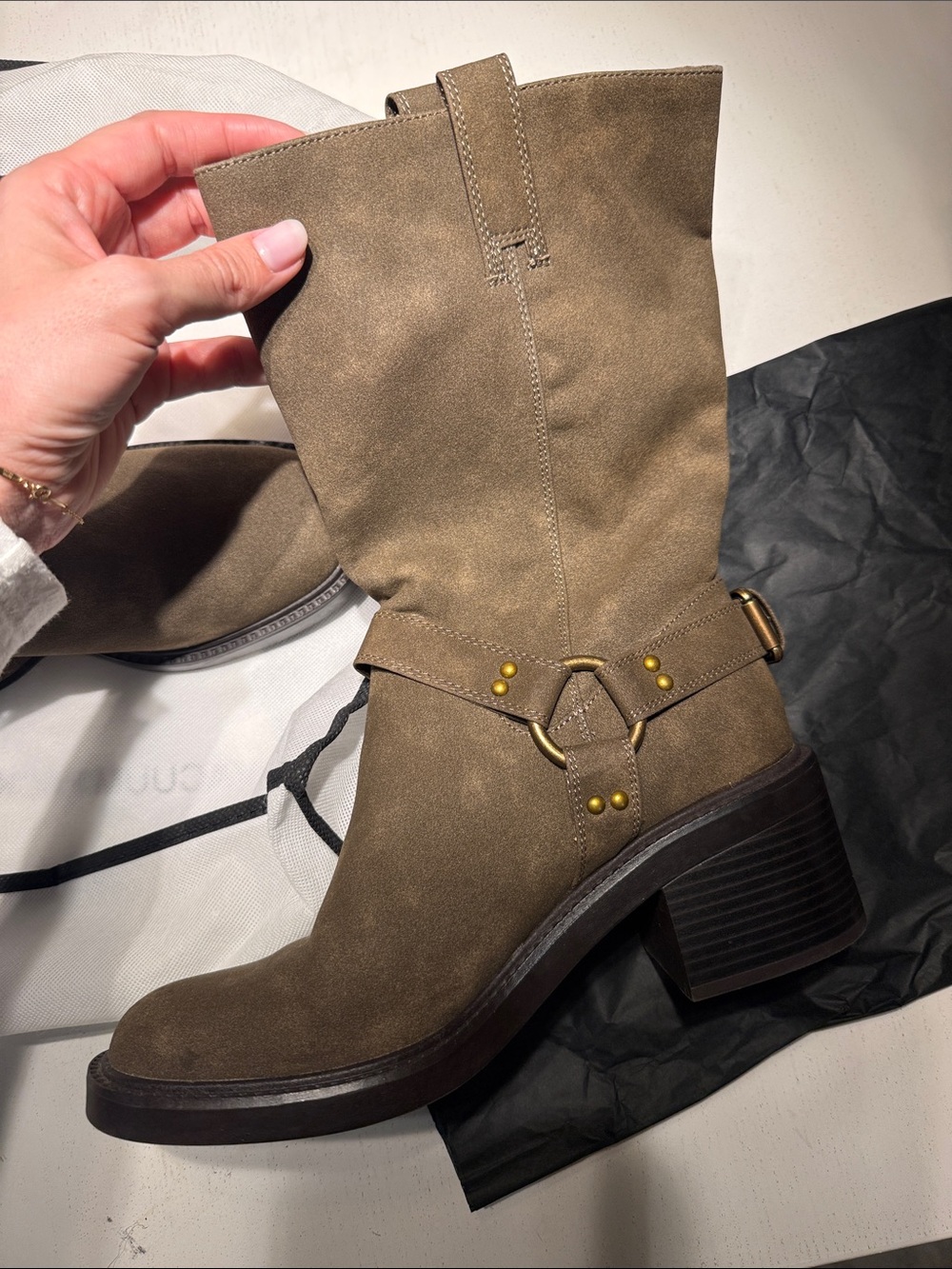 Zara Olive Brown Suede Mid-Calf Harness Boots